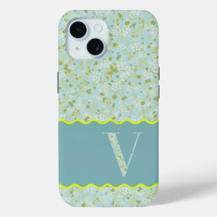 FUNDA PARA iPhone 15 MONOGRAM INITIAL V ACQUA PEQUEÑAS FLORES
