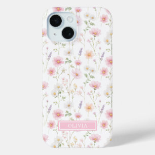 Funda Para iPhone 15 Monograma acuarela de flor silvestre rosa