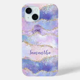 Funda Para iPhone 15 Monograma Agata Brillo Azul Rosa Púrpura de Moda 