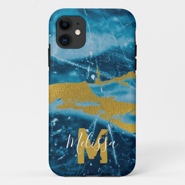 Funda De Case-Mate Para iPhone Monograma Agate Gemstone Azul y Oro (Reverso)