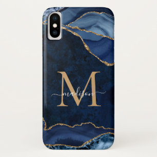 Funda Para iPhone X Monograma Agate Gemstone Purpurina Blue Gold de la