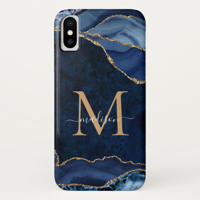 Funda De Case-Mate Para iPhone Monograma Agate Gemstone Purpurina de la Marina Bl (Reverso)
