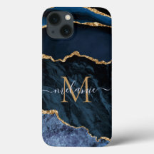 Monograma Agate Navy Blue Gold iPhone Estuche