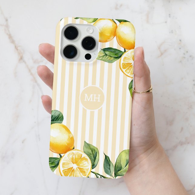 Funda De Case-Mate Para iPhone Monograma amarillo Lemon Elegante Stripe Mediterrá (Yellow Monogram Lemon Elegant Stripe Mediterranean Case-Mate iPhone Case)
