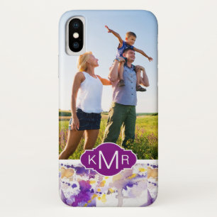 Funda Para iPhone X Monograma amarillo y púrpura de la acuarela el