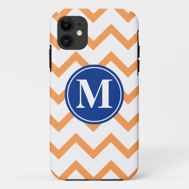Funda De Case-Mate Para iPhone Monograma anaranjado de Chevron de la marina de (Reverso)