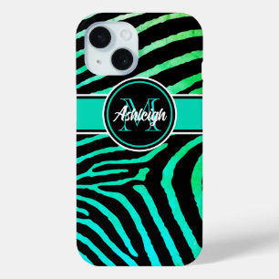 Funda Para iPhone 15 Monograma Aqua Green, Black Zebra Strips