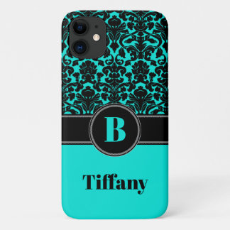 Funda Para iPhone 11 Monograma Aqua, negro, blanco Damask iPhone 11 Fun