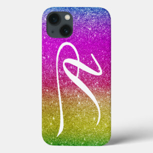 Funda Para iPhone 13 Monograma arcoiris de Purpurina magenta rosa brill