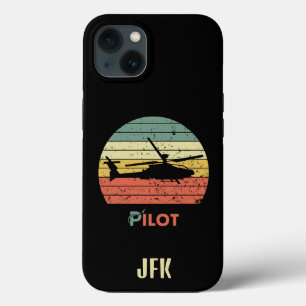 Funda Para iPhone 13 Monograma, Atardecer Retro, Avión Helicóptero