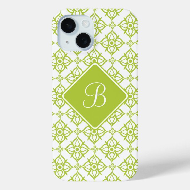 Funda De Case-Mate Para iPhone Monograma Atlantis Green Star Damask sobre blanco (Reverso )