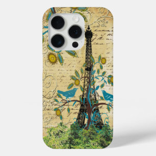 Funda Para iPhone 15 Pro Monograma Aves de Amor Vintage Torre Eiffel