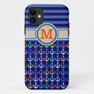 Funda Para iPhone 11 Monograma azul, anclas y rayas