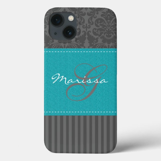 Funda De Case-Mate Para iPhone Monograma azul, banda de Damasco gris estuche para (Reverso)