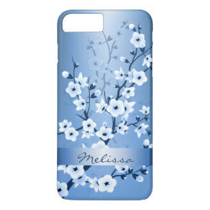 Funda Para iPhone 8 Plus/7 Plus Monograma azul blanco de las flores de cerezo