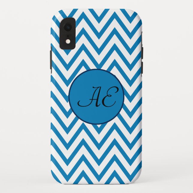 Funda De Case-Mate Para iPhone Monograma azul Chevron moderno (Reverso)