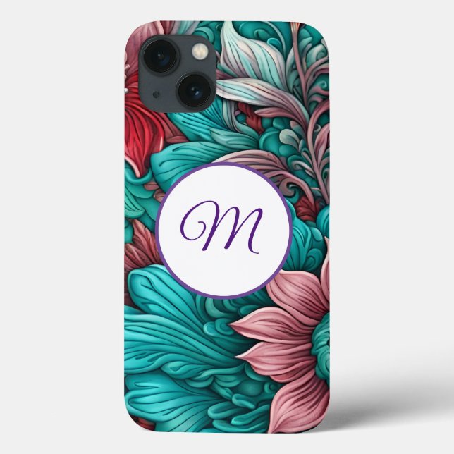 Funda De Case-Mate Para iPhone Monograma, azul cian, rojo, flores caprichosas (Reverso)