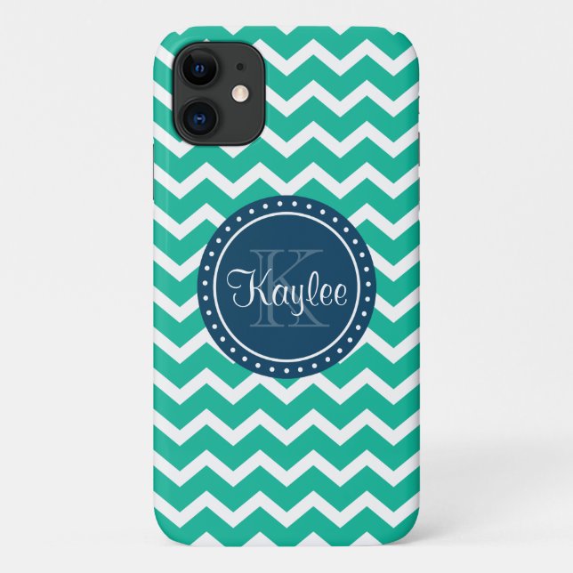 Funda De Case-Mate Para iPhone Monograma azul de Chevron verde (Reverso)