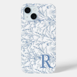 Funda Para iPhone 15 Monograma azul de la tela floral francesa personal