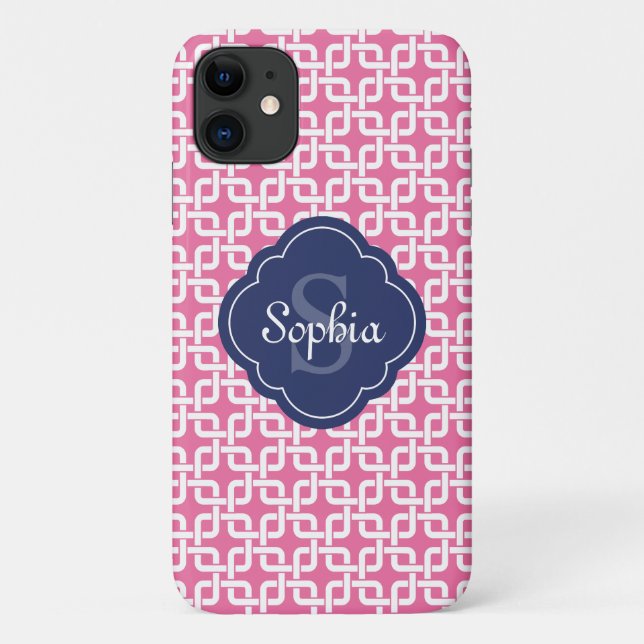 Funda De Case-Mate Para iPhone Monograma azul de patrón de cadena cuadrada rosada (Reverso)