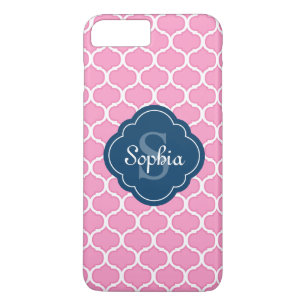 Funda Para iPhone 8 Plus/7 Plus Monograma azul del patrón de Entramado rosa único