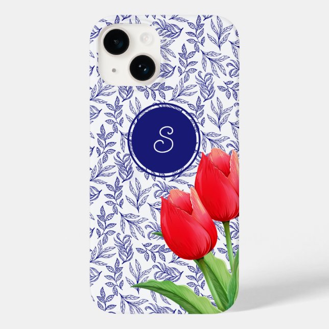 Funda De Case-Mate Para iPhone Monograma azul floral elegante de tulipanes rojos  (Reverso )