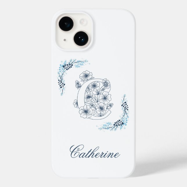 Funda De Case-Mate Para iPhone Monograma azul inicial "C" Floral de calm (Reverso )