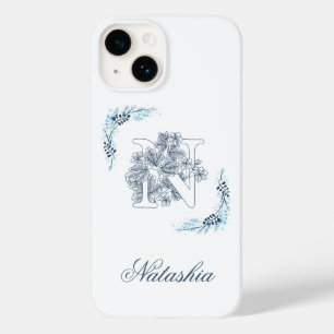 Funda Para iPhone 14 De Case-Mate Monograma azul inicial "N" Floral
