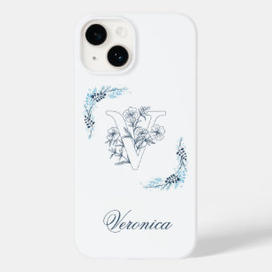 Funda Para iPhone 14 De Case-Mate Monograma azul inicial "V" Floral