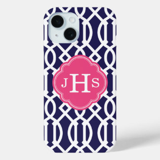 Funda Para iPhone 15 Monograma azul marino y enrejado rosado