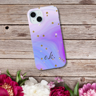 Funda Para iPhone 15 Monograma Azul Rosa Purpura Remolino Dorado Brilla