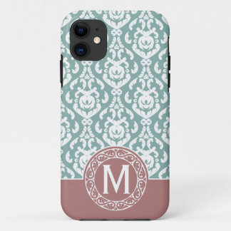 Funda Para iPhone 11 Monograma azul rosado del damasco