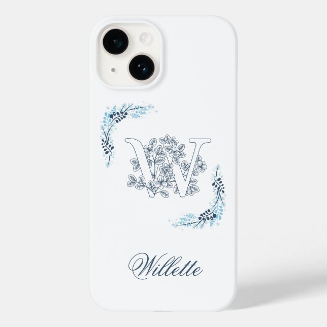 Funda De Case-Mate Para iPhone Monograma azul "W" inicial Floral de calm (Reverso )