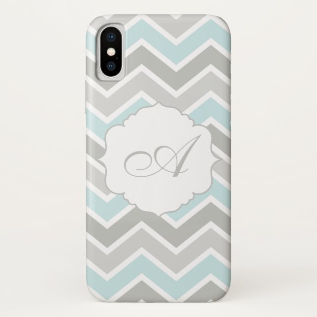 Funda De Case-Mate Para iPhone Monograma azul y gris de Chevron del zigzag (Reverso)