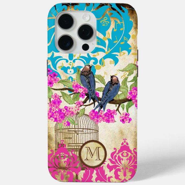 Funda De Case-Mate Para iPhone Monograma Birdcage Bird Damask Floral (Reverso )