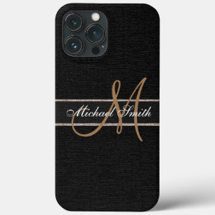 Funda Para iPhone 13 Pro Max Monograma Black Burlap Linen Jute Rústico