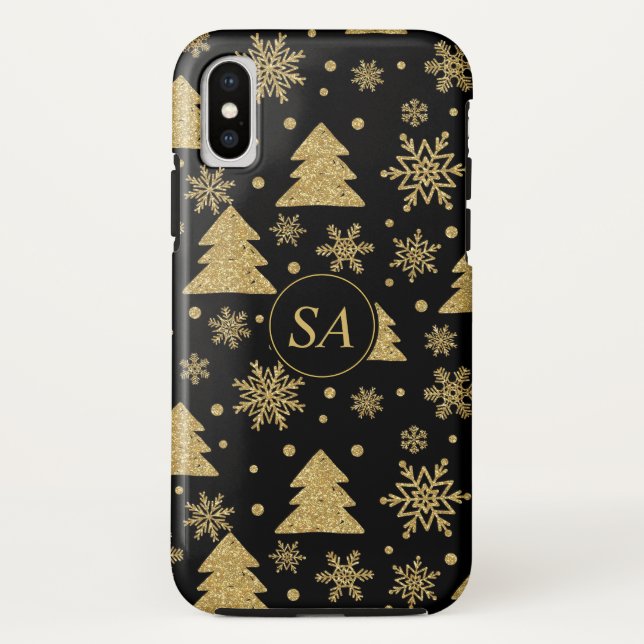 Funda De Case-Mate Para iPhone Monograma Black Golden Christmas Tree Snowflakes (Reverso)