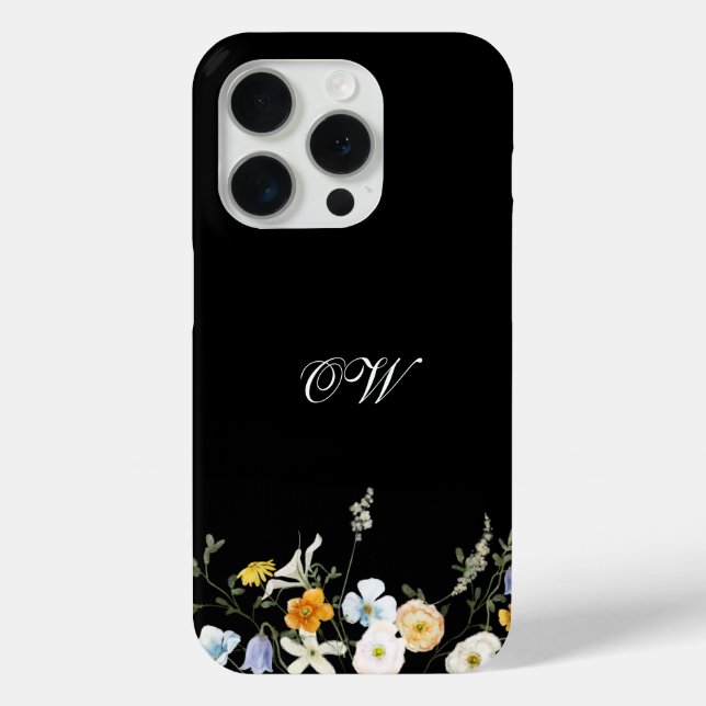 Funda De Case-Mate Para iPhone Monograma Black Wildflower Floral Elegant Inicials (Reverso )