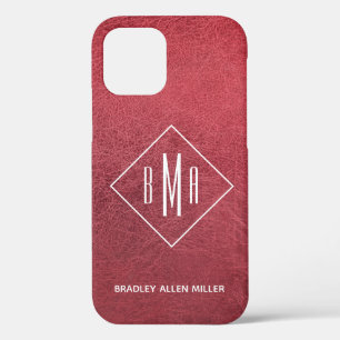 Funda Para iPhone 12 Monograma blanco de cuero rojo falso personalizado
