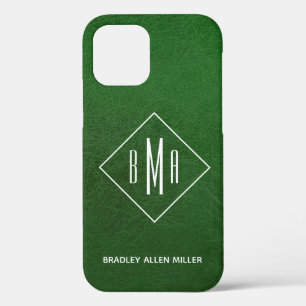 Funda Para iPhone 12 Monograma blanco de cuero verde falso personalizad