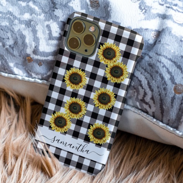 Funda De Case-Mate Para iPhone Monograma blanco negro de girasol dorado (Subido por el creador)