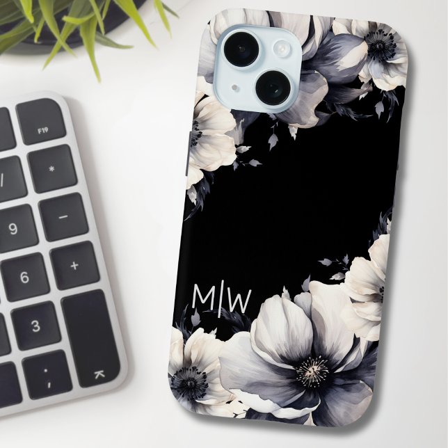 Funda De Case-Mate Para iPhone Monograma blanco negro floral (Chic Elegant Modern Floral Black White Monogram Case-Mate iPhone Case)
