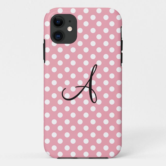 Funda De Case-Mate Para iPhone Monograma blanco rosado de puntos de polka (Reverso)