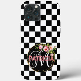 Funda Para iPhone 13 Pro Max Monograma blanco y negro con cuadros florales de m
