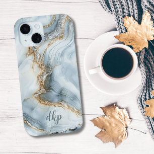 Funda Para iPhone 15 Monograma Blue White Silver Dorado Marble Swirl