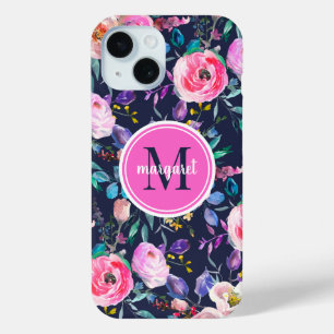 Funda Para iPhone 15 Monograma Boho Floral Amanecer Rosa y Azul Marino