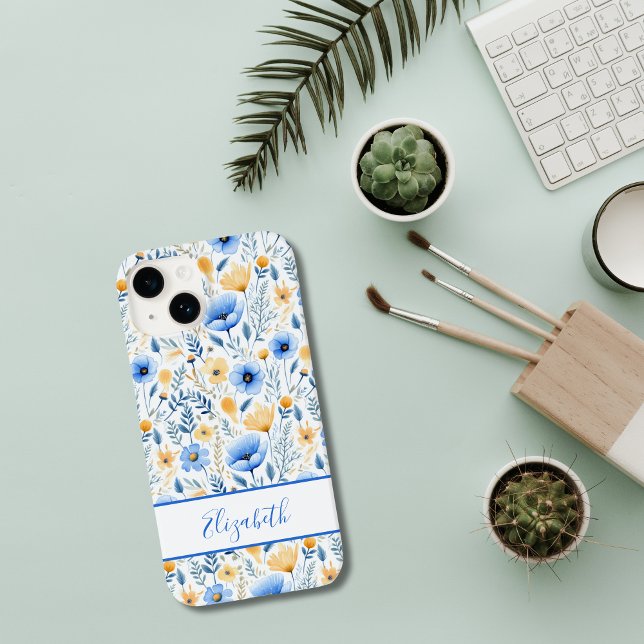 Funda De Case-Mate Para iPhone Monograma Boho Flores Silvestres Azul Amarillo Flo (Monogrammed Boho Blue Yellow Wildflowers iPhone case)