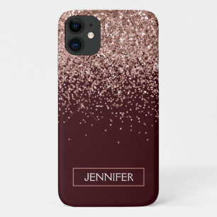 Funda Para iPhone 11 Monograma Borgoña Rubor Rosa Rosa Purpurina de oro