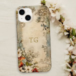 Funda Para iPhone 14 De Case-Mate Monograma botánico artesanal de Grunge<br><div class="desc">Escarlata de estilo vintage artístico,  flores azules blancas y polvorientas con sabio y follaje marrón en pergamino artesanal con campo de texto opcional para su nombre o monograma.</div>