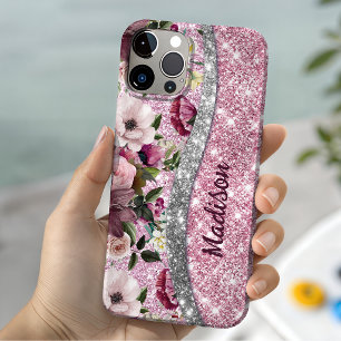 Funda Para iPhone 14 De Case-Mate Monograma brillante floral chic rosa púrpura plata